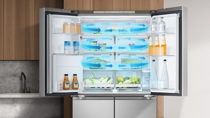 Fresh air from multi air flow circulates entire fridge part of lg multi door refrigerator.
