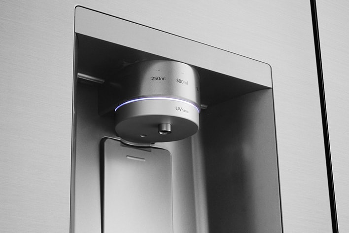 Close up view of water dispenser smart fill feature.