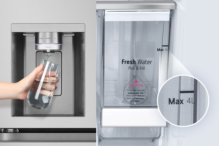 image of lg multi door refrigerator water dispenser with water tank.