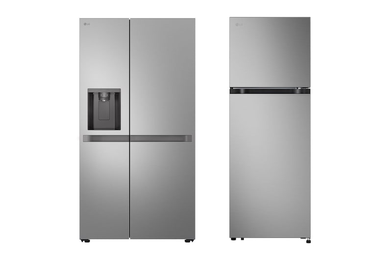 Front view of 22.1 Cu.Ft, Side By Side Refrigerator, Prime Silver Color, Smart Diagnosis, Smart Inverter Compressor + Top Freezer Fridge 8.5 Cu.Ft – LG LT9CBBSIVN LS25NBLSIK.LT9C001