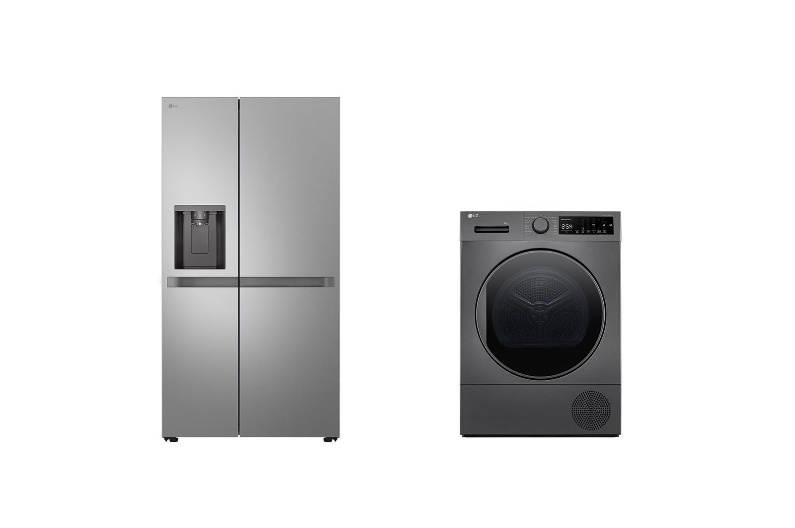 Front view of 22.1 Cu.Ft, Side By Side Refrigerator, Prime Silver Color, Smart Diagnosis, Smart Inverter Compressor + 8Kg Dryer | Heat Pump Dryer | Sensor Dry LS25NBLSIK.RH81T