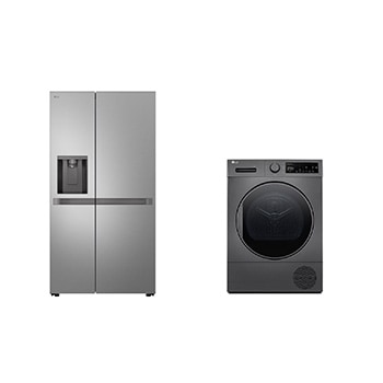 Front view of 22.1 Cu.Ft, Side By Side Refrigerator, Prime Silver Color, Smart Diagnosis, Smart Inverter Compressor + 8Kg Dryer | Heat Pump Dryer | Sensor Dry LS25NBLSIK.RH81T