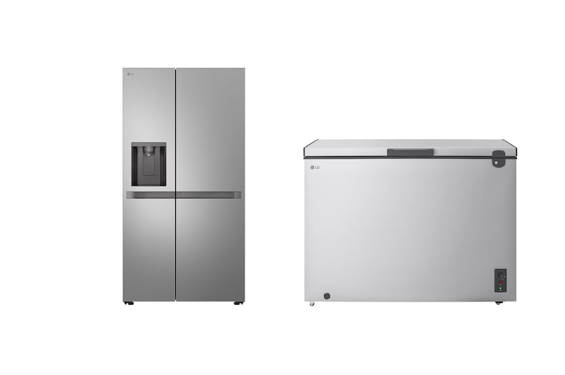 Front view of 22.1 Cu.Ft, Side By Side Refrigerator, Prime Silver Color, Smart Diagnosis, Smart Inverter Compressor + 1.8 Cu.Ft Top Freezer Refrigerator, Prime Silver color LS25NBLSIK.LC7G001