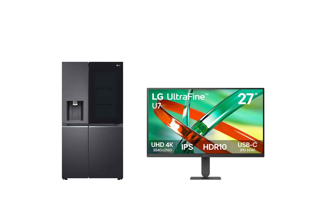 25.5 قدم | جنبا الى جنب | InstaView™ | ThinQ + شاشة UltraFine™ U7 مقاس 27 بوصة بدقة UHD 4K IPS