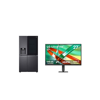 صورة أمامية لـ 25.5 قدم | جنبا الى جنب | InstaView™ | ThinQ + شاشة UltraFine™ U7 مقاس 27 بوصة بدقة UHD 4K IPS LS32HVDMLV.27U730B