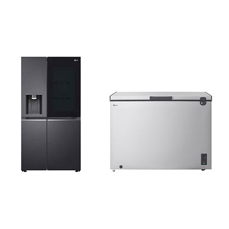25.5 Cu.Ft, Side By Side Refrigerator, Platinum Silver Color, InstaView, Hygiene Fresh+, Inverter Linear Compressor + 1.8 Cu.Ft Top Freezer Refrigerator, Prime Silver color