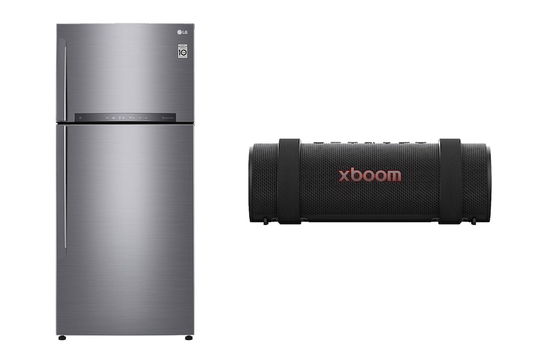 Front view of LG Large Top Fridge, Smart Inverter, 506L + LG xboom Grab tuned by will.i.am LT19HBHSIN.GRAB001