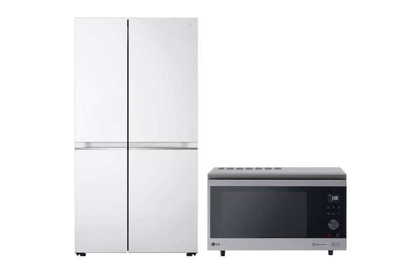 Front view of 22.8 Cu.Ft, Side By Side Refrigerator, White Color, Smart Diagnosis, Smart Inverter Compressor + 39 Liter “Convection” NeoChef Microwave Oven , STS,Healthy Fry ,Steam Chef ,Smart Diagnosis , Smart Inverter MLS25CBBW.MJ3965
