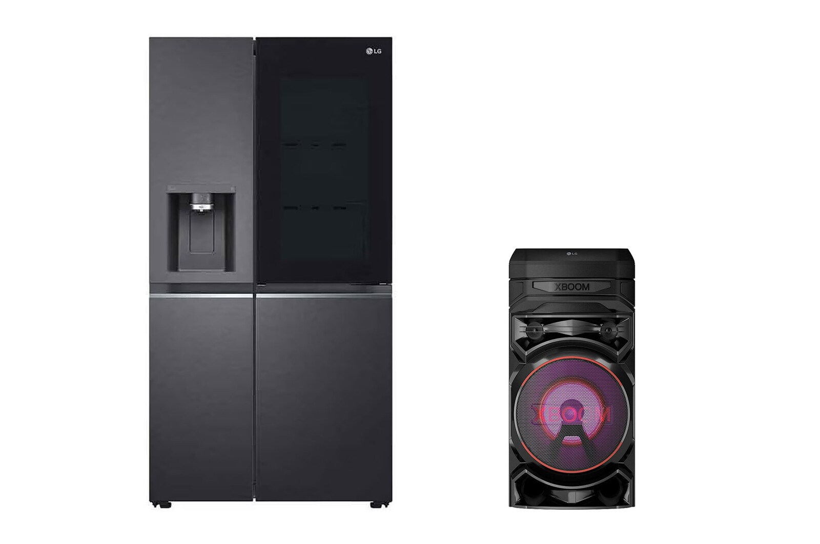 Front view of 25.5 Cu.Ft, Side By Side Refrigerator, Platinum Silver Color, InstaView, Hygiene Fresh+, Inverter Linear Compressor + LG XBOOM RNC5 PTLS32HVDM.RNC5