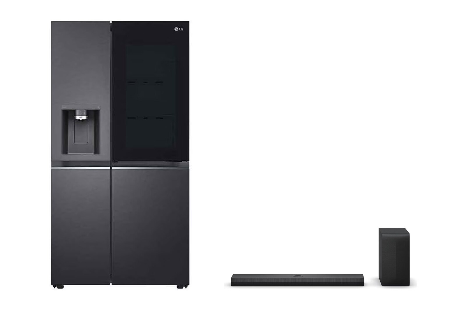Front view of 25.5 Cu.Ft, Side By Side Refrigerator, Platinum Silver Color, InstaView, Hygiene Fresh+, Inverter Linear Compressor + LG Soundbar for TV with Dolby Atmos 3.1.1 channel S70TY PTLS32HVDM.S70TY