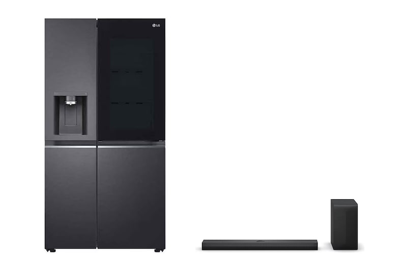 Front view of 25.5 Cu.Ft, Side By Side Refrigerator, Platinum Silver Color, InstaView, Hygiene Fresh+, Inverter Linear Compressor + LG Soundbar for TV with Dolby Atmos 3.1.1 channel S70TY PTLS32HVDM.S70TY
