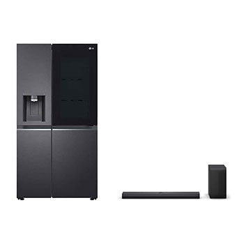 Front view of 25.5 Cu.Ft, Side By Side Refrigerator, Platinum Silver Color, InstaView, Hygiene Fresh+, Inverter Linear Compressor + LG Soundbar for TV with Dolby Atmos 3.1.1 channel S70TY PTLS32HVDM.S70TY