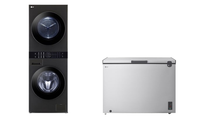 13/10kg LG WashTower™ with Centre Control™, Black Steel color, Arabic Control panel Only + 1.8 Cu.Ft Top Freezer Refrigerator, Prime Silver color
