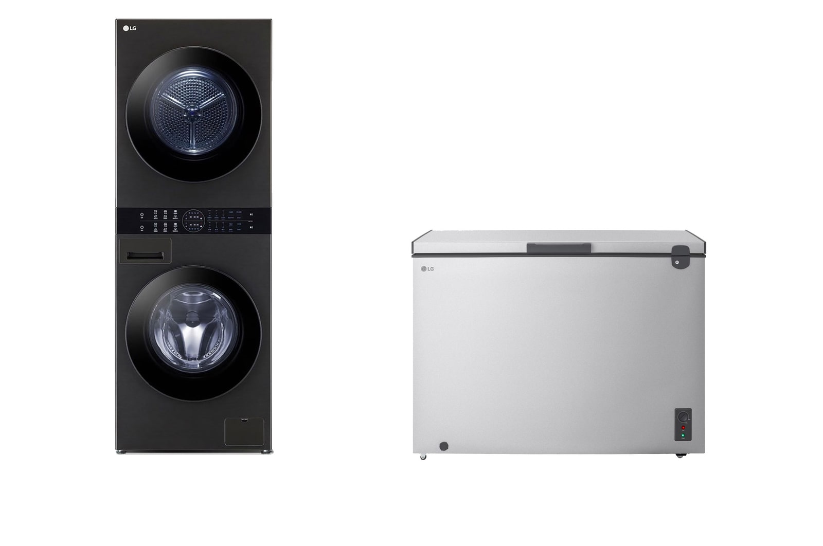 Front view of 13/10kg LG WashTower™ with Centre Control™, Black Steel color, Arabic Control panel Only + 1.8 Cu.Ft Top Freezer Refrigerator, Prime Silver color WK1310BST.LC7G001