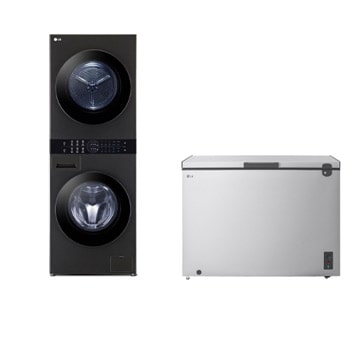 Front view of 13/10kg LG WashTower™ with Centre Control™, Black Steel color, Arabic Control panel Only + 1.8 Cu.Ft Top Freezer Refrigerator, Prime Silver color WK1310BST.LC7G001