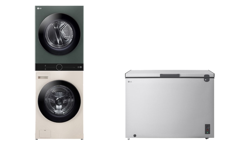 Front view of LG 25kg Washer / 20kg Dryer│ Front load WashTower │ Central control│ Integrated│ Intelligent Laundry Solution│ AI DD│ TurboWash 360│ Steam│ Nature Beige/ Green│ Arabic Control panel Only + 1.8 Cu.Ft Top Freezer Refrigerator, Prime Silver color WK2520GBT.LC7G001