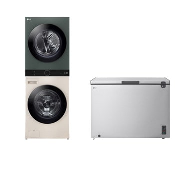 Front view of LG 25kg Washer / 20kg Dryer│ Front load WashTower │ Central control│ Integrated│ Intelligent Laundry Solution│ AI DD│ TurboWash 360│ Steam│ Nature Beige/ Green│ Arabic Control panel Only + 1.8 Cu.Ft Top Freezer Refrigerator, Prime Silver color WK2520GBT.LC7G001