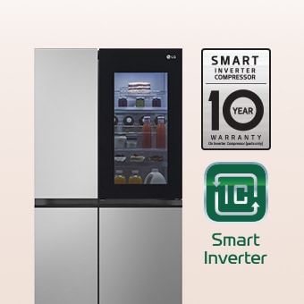 10 years warranty on the right side of the refrigerator, smart inverter logo