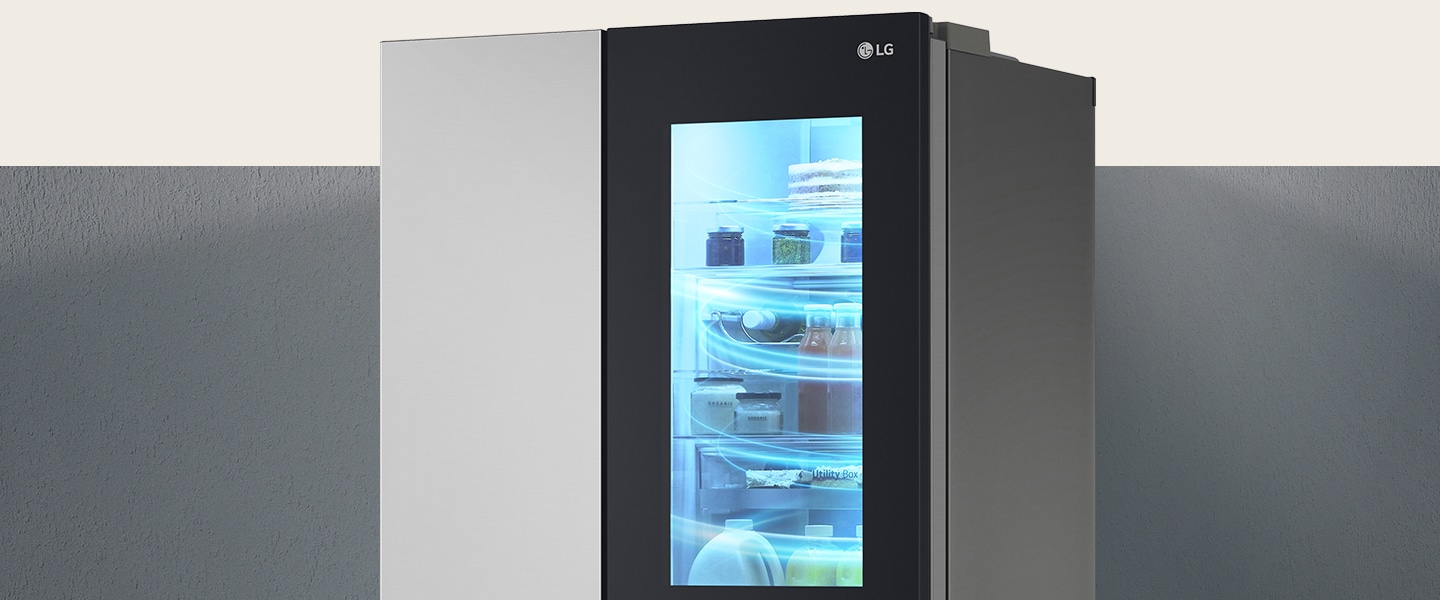 The half-side view of the InstaView refrigerator. This is a picture of a refrigerator filled with cold air.