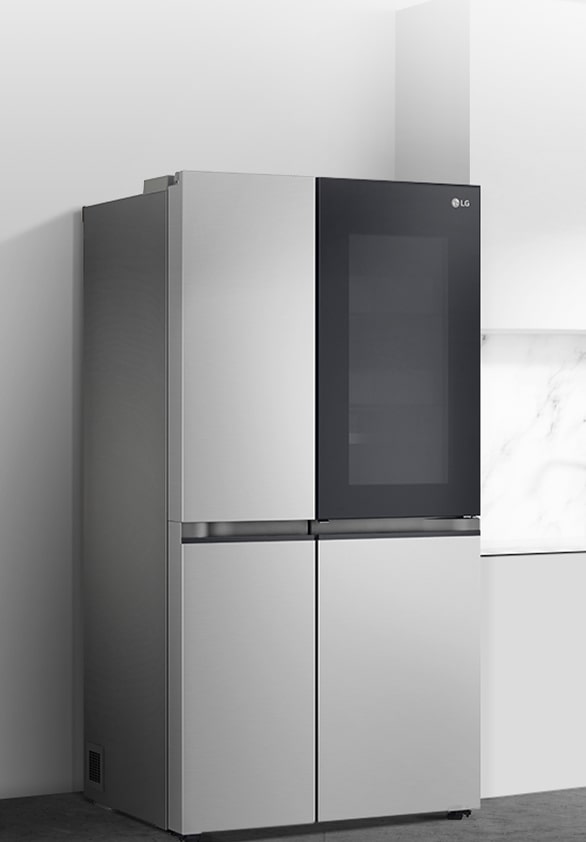 A side view of a kitchen with a black InstaView refrigerator installed.