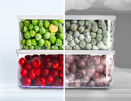 Comparison of frozen fruit containers without and with frost.
