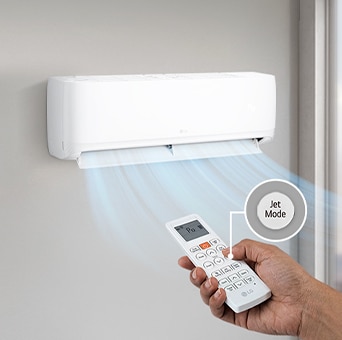 Wall-mounted air conditioner offers powerful cooling by using Jet Mode on the remote control.