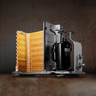 A heat exchanger with a golden corrosion-resistant coating.