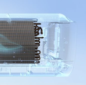 Visualization of all-cleaning technology in an air conditioner, showing a self-cleaning process with blue airflow.