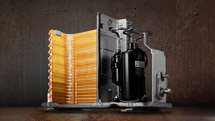 A heat exchanger with a golden corrosion-resistant coating.