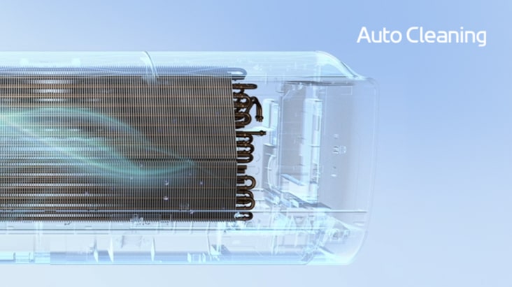 Video highlighting an air conditioner’s heat exchanger with Auto Cleanning for enhanced airflow and moisture removal.