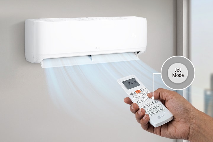 Wall-mounted air conditioner with remote-controlled Jet Mode delivers instant, powerful cooling airflow.