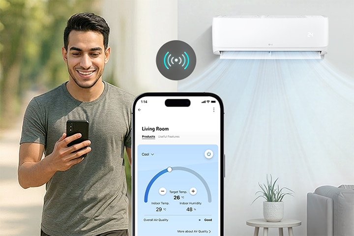 A men using the LG ThinQ app on a smartphone to control a smart air conditioner, adjusting temperature and humidity.