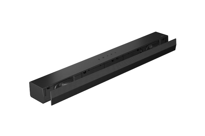 45-degree-angle view of soundbar with grill part apart