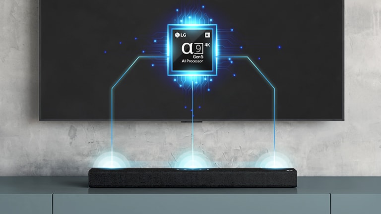 There is an alpha nine chip image on the back board of TV and there is a sound bar right below. There are also soundwave effect coming out from sound bar.