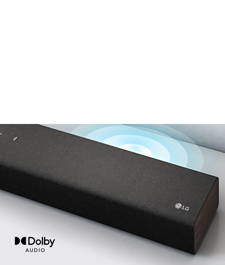 LG Sound Bar is on the white shelf. The Sound graphic coming out from the speaker. LG logo is shown on the left corner of the sound bar.