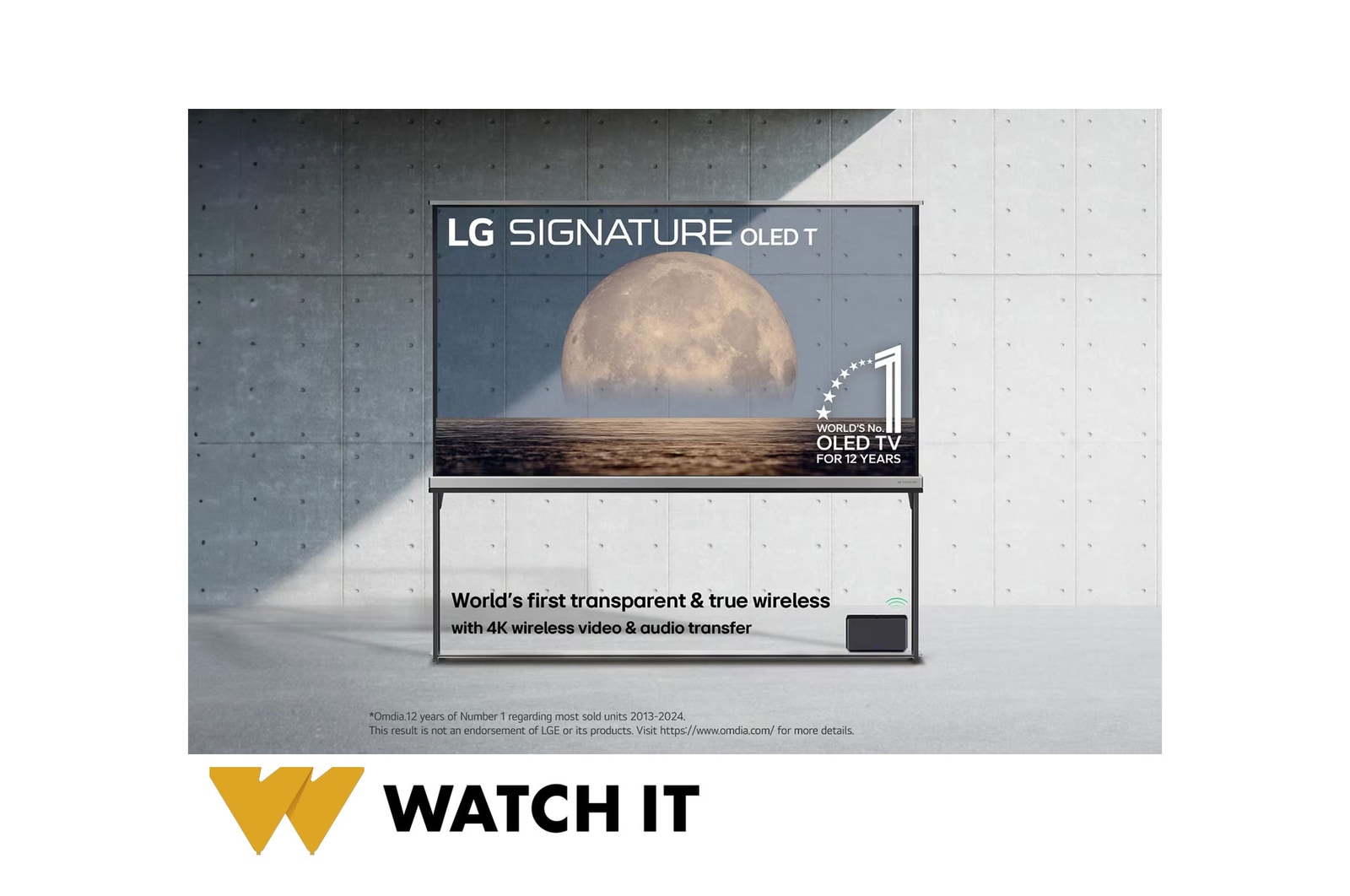 Front view of LG SIGNATURE OLED T, 12 years of world number 1 OLED Emblem, LG SIGNATURE OLED T logo, both embedded above the background depicting a moon above shore on a transparent screen. Zero Connect Box with 4K 120Hz wireless video & audio transfer connected to the TV, and a Wi-Fi signal coming out of the box.