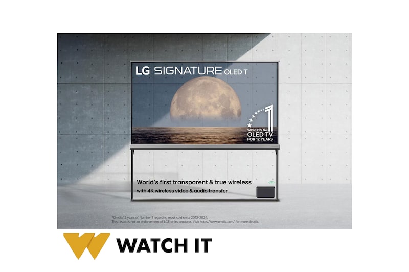 Front view of LG SIGNATURE OLED T, 12 years of world number 1 OLED Emblem, LG SIGNATURE OLED T logo, both embedded above the background depicting a moon above shore on a transparent screen. Zero Connect Box with 4K 120Hz wireless video & audio transfer connected to the TV, and a Wi-Fi signal coming out of the box.