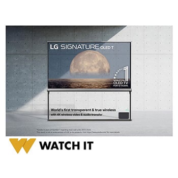 Front view of LG SIGNATURE OLED T, 12 years of world number 1 OLED Emblem, LG SIGNATURE OLED T logo, both embedded above the background depicting a moon above shore on a transparent screen. Zero Connect Box with 4K 120Hz wireless video & audio transfer connected to the TV, and a Wi-Fi signal coming out of the box.