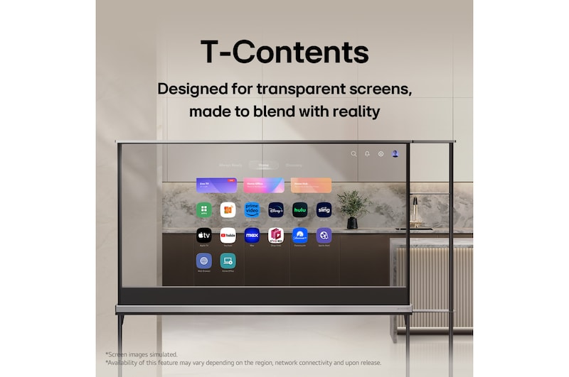 LG SIGNATURE OLED T displaying an aquarium scene with fish swimming on its transparent screen.