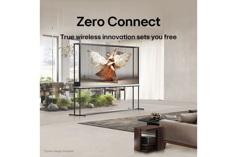 LG Signature OLED T sits in the middle of a modern living room depicting a dancer. Zero Connect Box is placed on a small table next to the couch.