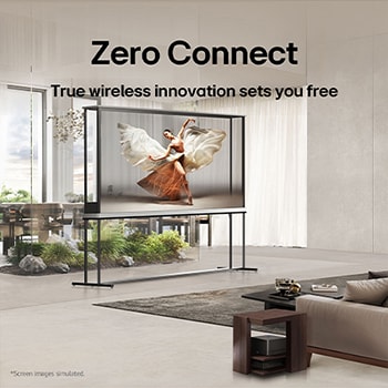 LG Signature OLED T sits in the middle of a modern living room depicting a dancer. Zero Connect Box is placed on a small table next to the couch.
