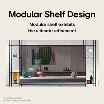 Front view of an LG SIGNATURE OLED T, featuring objects placed on the left and right modular shelving units.