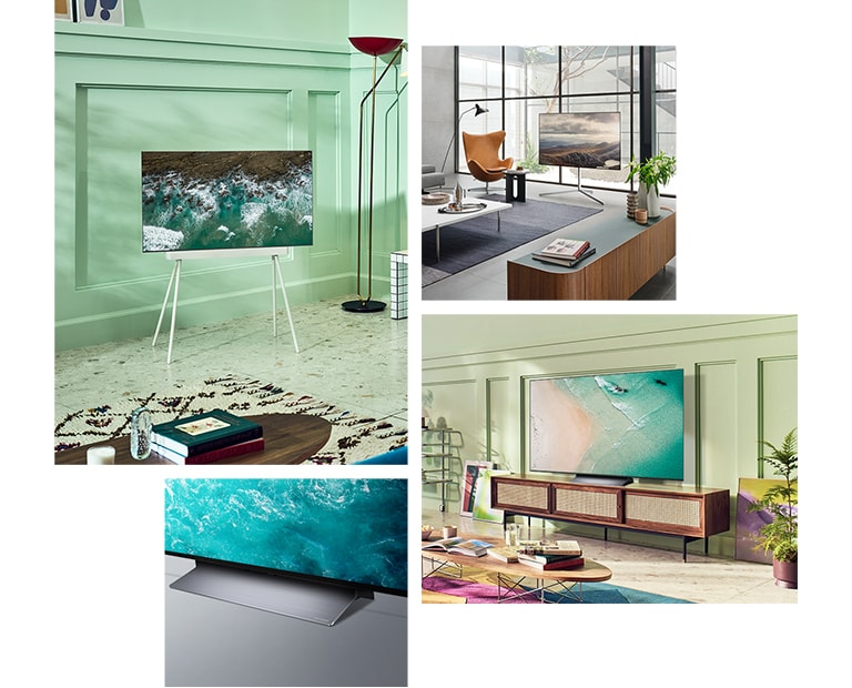 An LG OLED C2 with Floor Stand is in the corner of a mint-colored room. An LG OLED C2 with Gallery Stand sits in front of a large window in a modern room. An LG OLED C2 sits on a vintage TV cabinet in a lime green room with colorful art and furnishings. A close-up angled view of LG OLED C2's base.