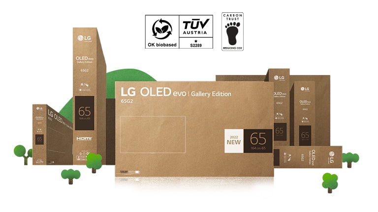 Eco-friendly LG OLED cardboard packaging depicted around thriving trees and mountains.