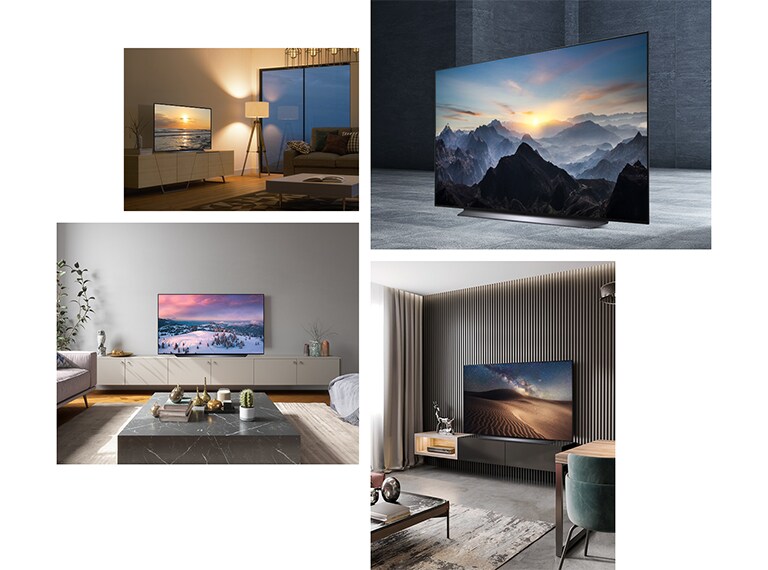 "An evening scene of LG OLED CS on a cabinet in a warmly lit room. An angled view of LG OLED CS in an all-gray space with an image of mountain tops on the display. An LG OLED CS is in a brown-toned living space with elegant decorations. An LG OLED CS is in a bright, airy room with cacti, plants, and ornaments."