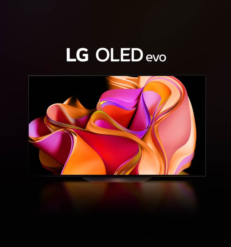 A video shows LG OLED CS3 gradually appearing against a black backdrop. Then, the TV gets larger with a colorful abstract artwork on screen and the words "LG OLED evo" above.