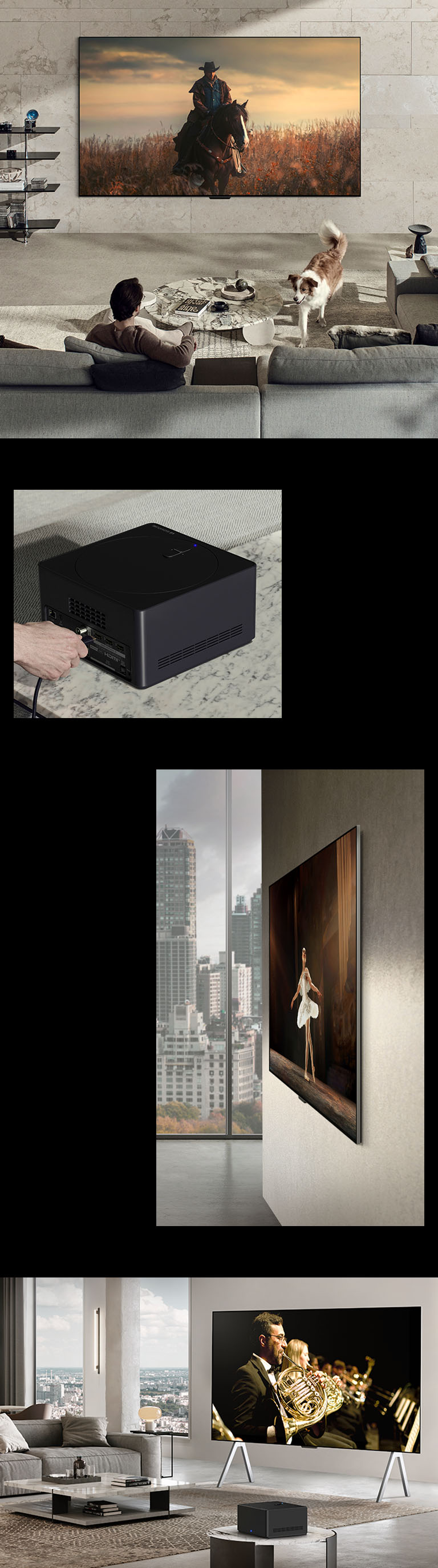An image of LG OLED M3 on the wall of a cozy room with a dog and a person enjoying the streamlined view. A close up of a person connecting a cable to the Zero Connect Box. A side view of LG OLED M3's incredibly slim dimensions. An angled view of LG OLED M3 on a floor stand in a modern city apartment with the Zero Connect Box on a marble side table.