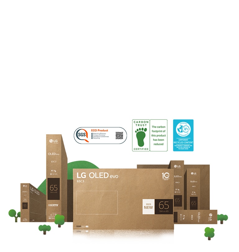 Eco-friendly LG OLED cardboard packaging depicted around thriving trees and mountains.