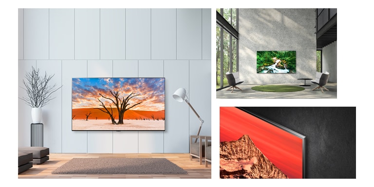 Three scenes of the slim and large LG QNED Mini LED hung artfully on a wall.