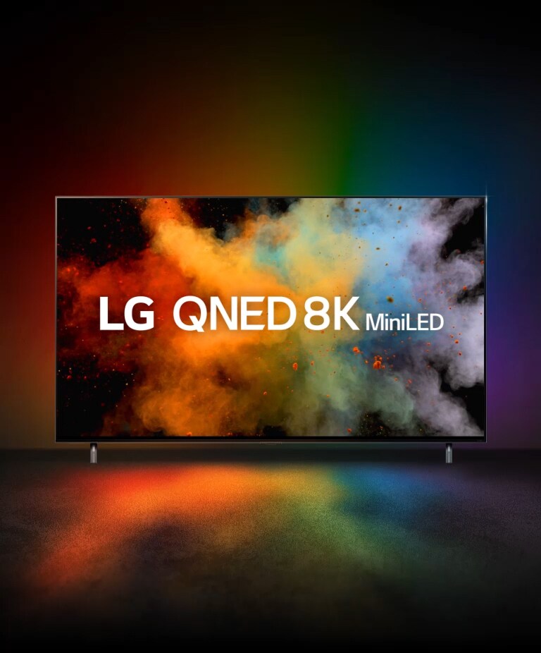 Typo-motion of QNED and NanoCell overlap and explode into color powder. LG QNED miniLED logo appears on TV.